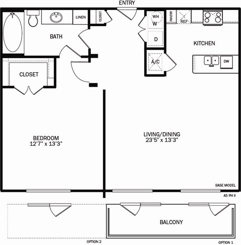 Floor plan for 1 bed, 1 bath, 865 sqft
